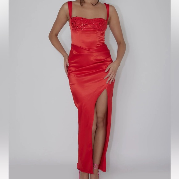 Dresses & Skirts - Red Satin Dress with slit
